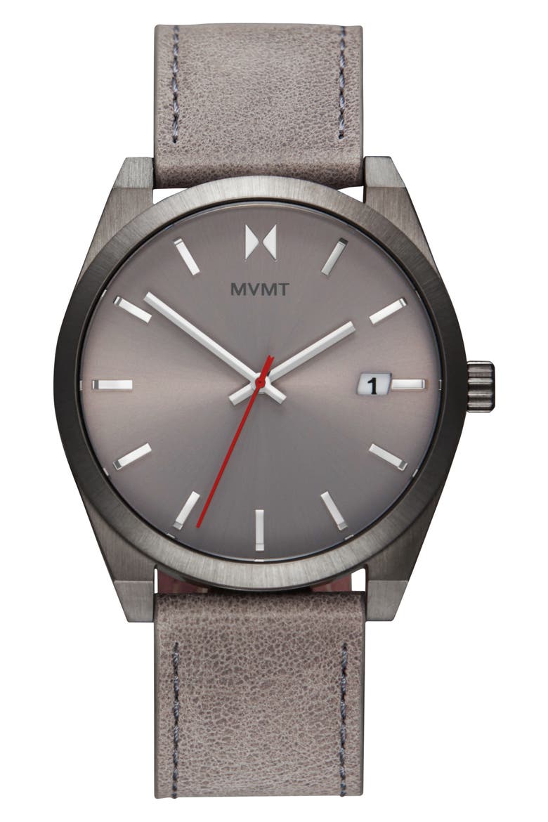 MVMT Element Leather Strap Watch, 43mm, Main, color, GREY/ SILVER