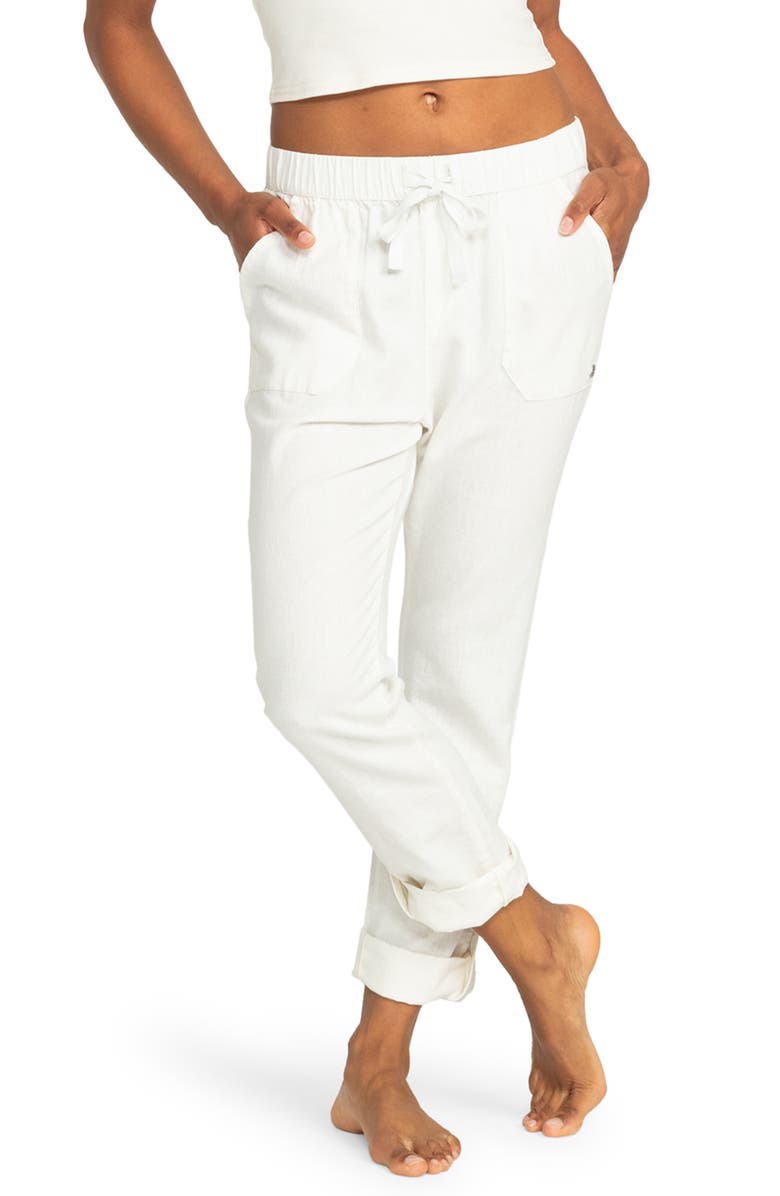 Roxy On the Seashore Tie Waist Linen Blend Pants, Main, color, Snow White Solid