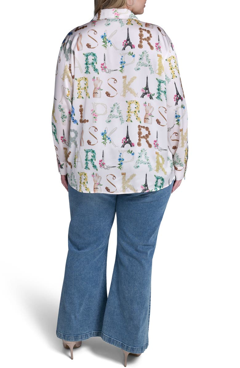 KARL LAGERFELD PARIS Logo Print Satin Button-Up Shirt, Alternate, color, Bisque/ Panna Cotta Multi