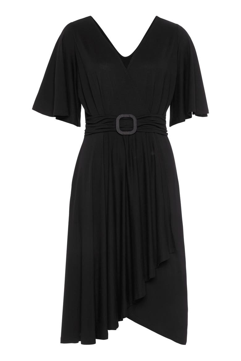 Belted Asymmetrical Dress, Alternate, color, Black