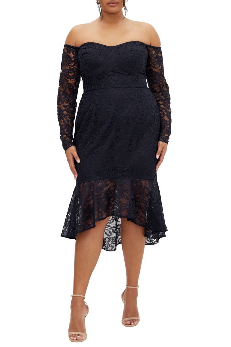 Poppy Lace Off the Shoulder Long Sleeve Midi Dress, Main, color, NAVY