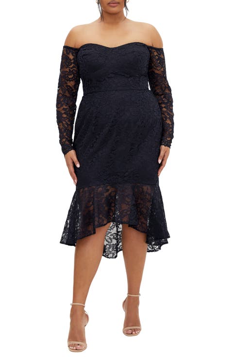Poppy Lace Off the Shoulder Long Sleeve Midi Dress (Plus)