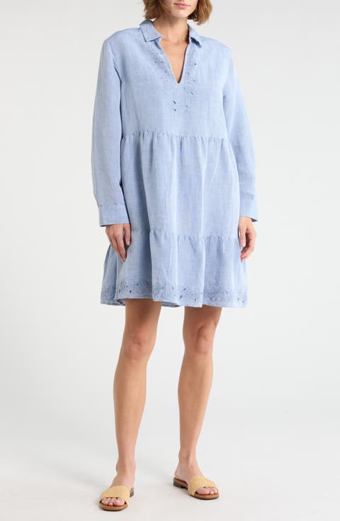 St. Lucia Embroidered Long Sleeve Linen Blend Dress