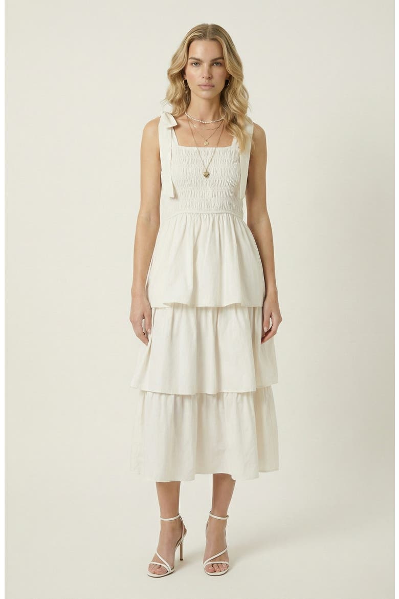 Tiered Smocked Bow-Tie Strap Midi Dress, Main, color, Cream