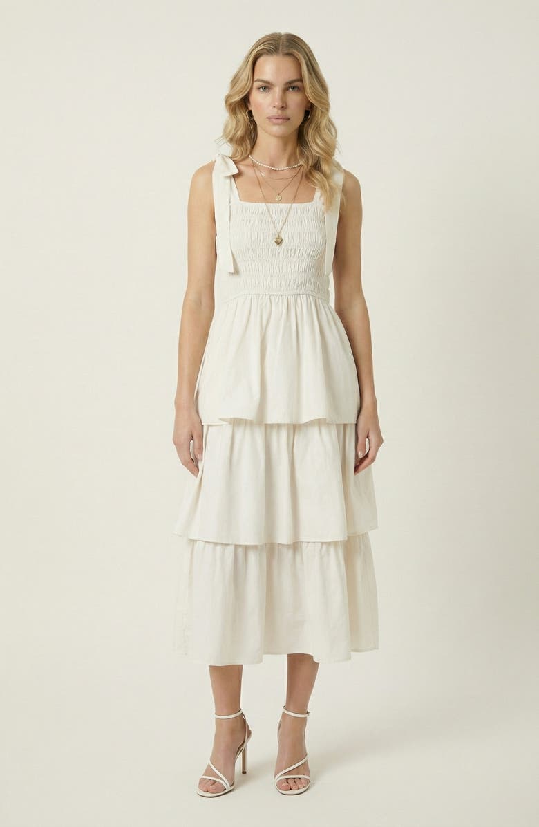 Modenaire Tiered Smocked Bow-Tie Strap Midi Dress, Main, color, Cream