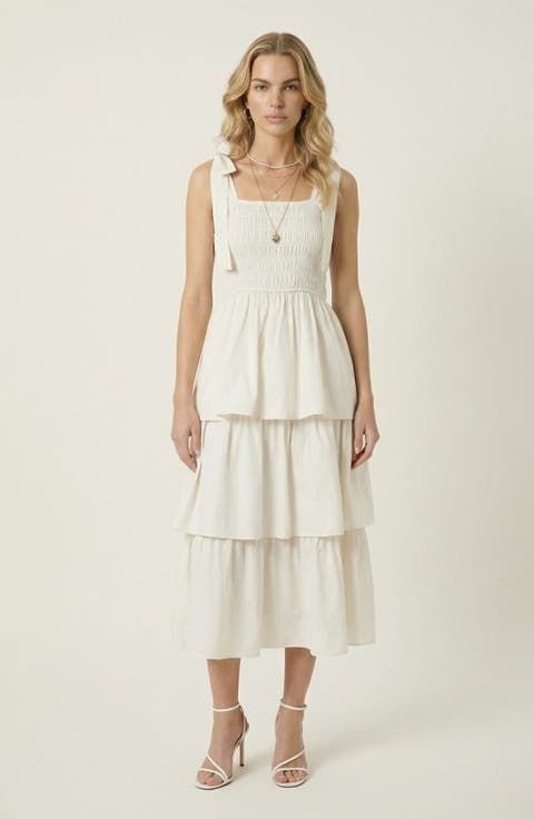 Tiered Smocked Bow-Tie Strap Midi Dress