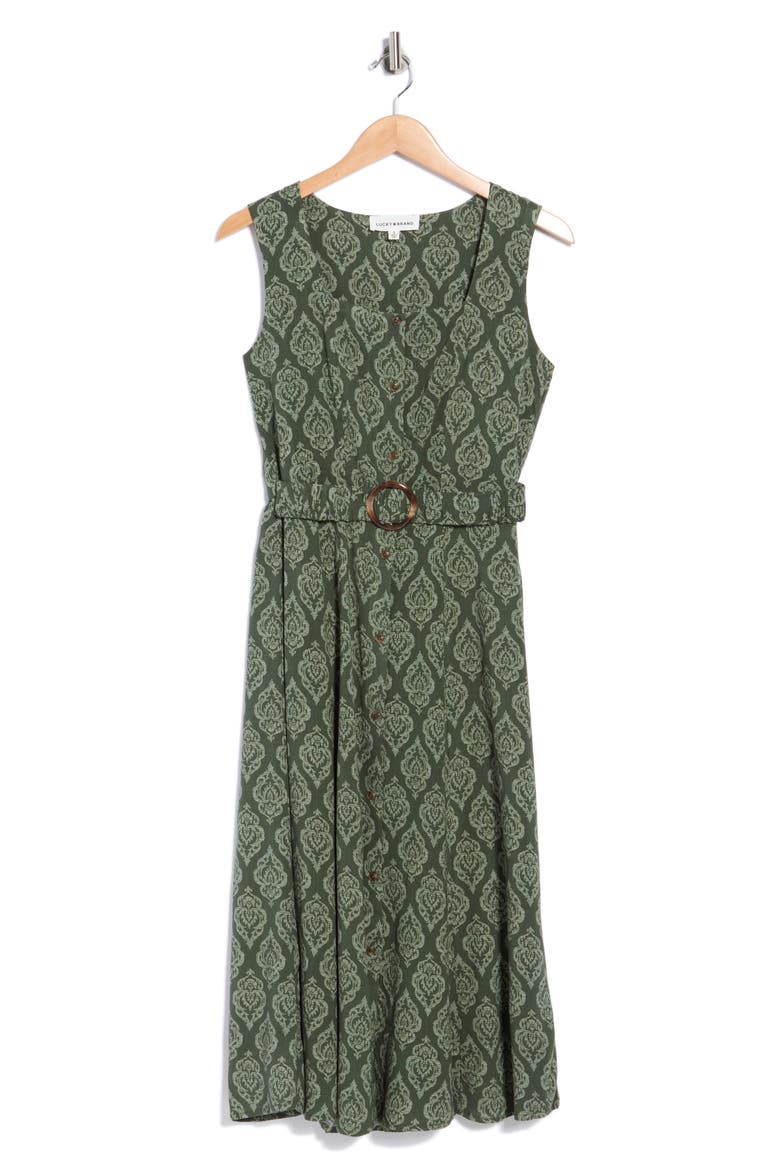 Square Neck Sleeveless Cotton Midi Dress, Alternate, color, OLIVE TILE