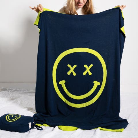 Smiley Cross Eyed Organic Cotton Travel Blanket and Eye Mask Set