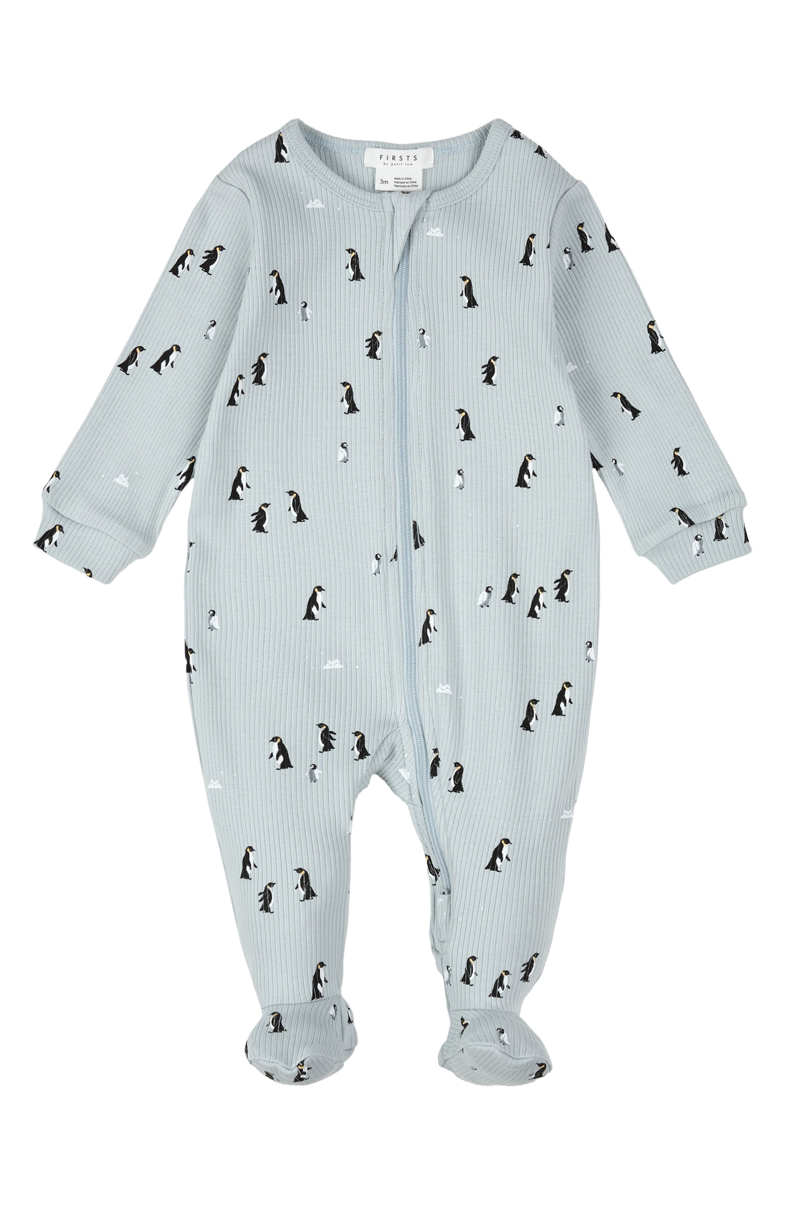 FIRSTS by Petit Lem Penguin Print Stretch Cotton Rib One-Piece Footed Pajamas