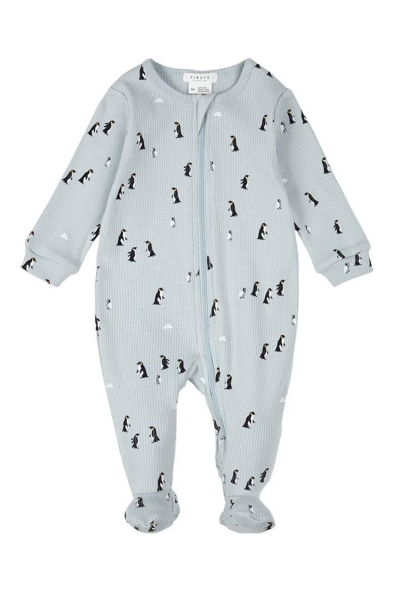 Penguin Print Stretch Cotton Rib One-Piece Footed Pajamas, Main, color, LIGHT BLUE