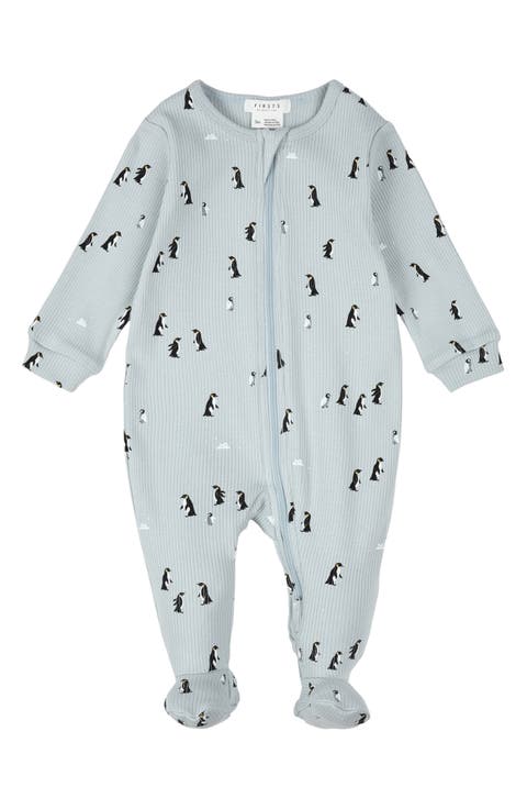 Penguin Print Stretch Cotton Rib One-Piece Footed Pajamas (Baby)