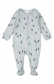 FIRSTS by Petit Lem Penguin Print Stretch Cotton Rib One-Piece Footed Pajamas