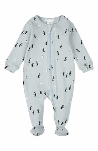FIRSTS by Petit Lem Penguin Print Stretch Cotton Rib One-Piece Footed Pajamas