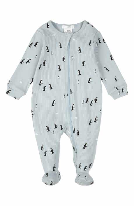 FIRSTS by Petit Lem Penguin Print Stretch Cotton Rib One-Piece Footed Pajamas