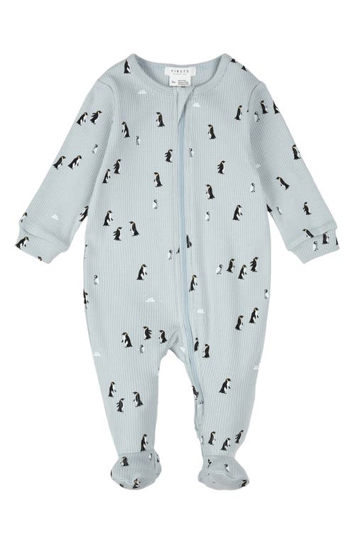 Firsts By Petit Lem Penguin Print Stretch Cotton Rib One-piece Footed Pajamas In Blue