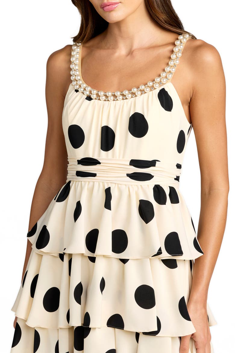 Women's Polka Dot Charmeuse Scoop Neck Ruffle Midi Dress, Alternate, color, Black Ivory