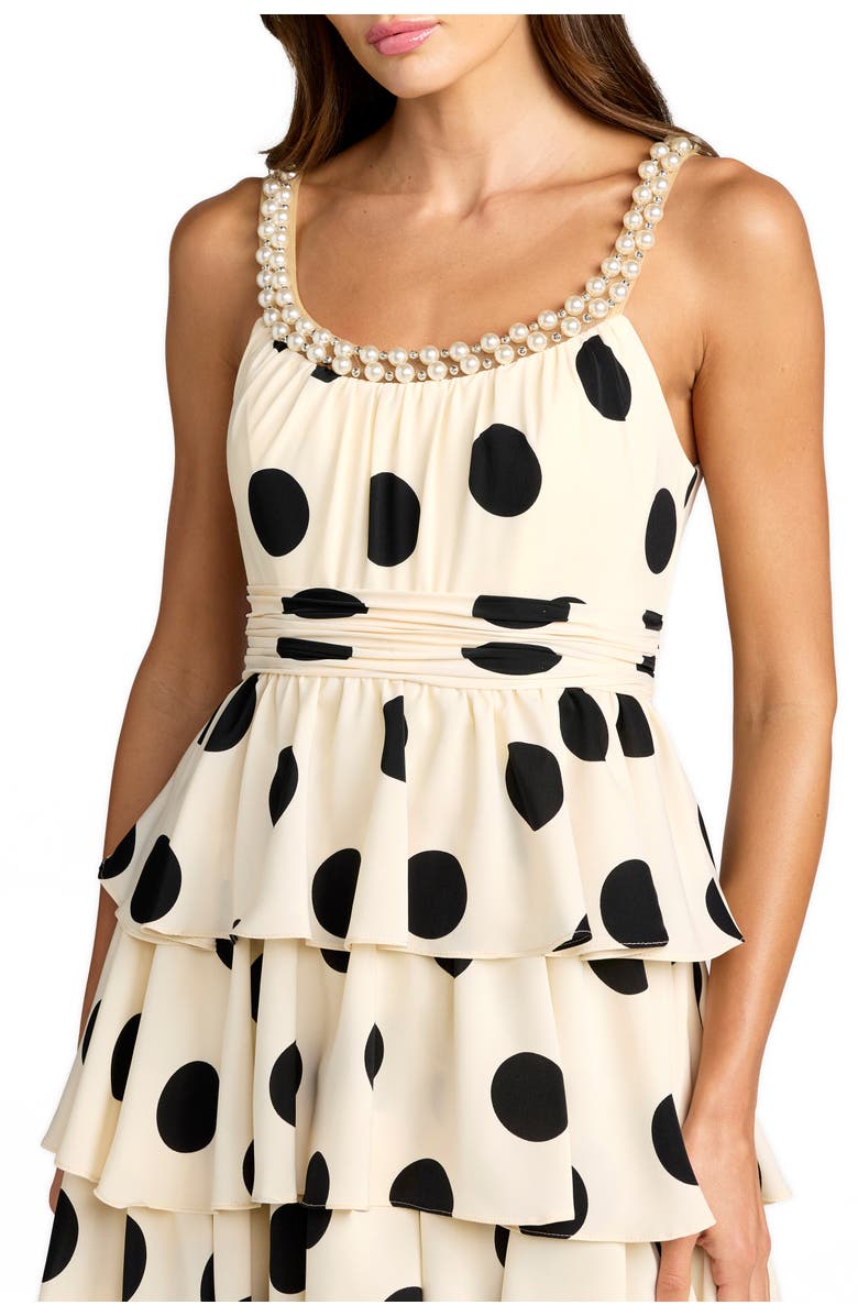 Mac Duggal Polka Dot Charmeuse Scoop Neck Ruffle Midi Dress, Alternate, color, Black Ivory