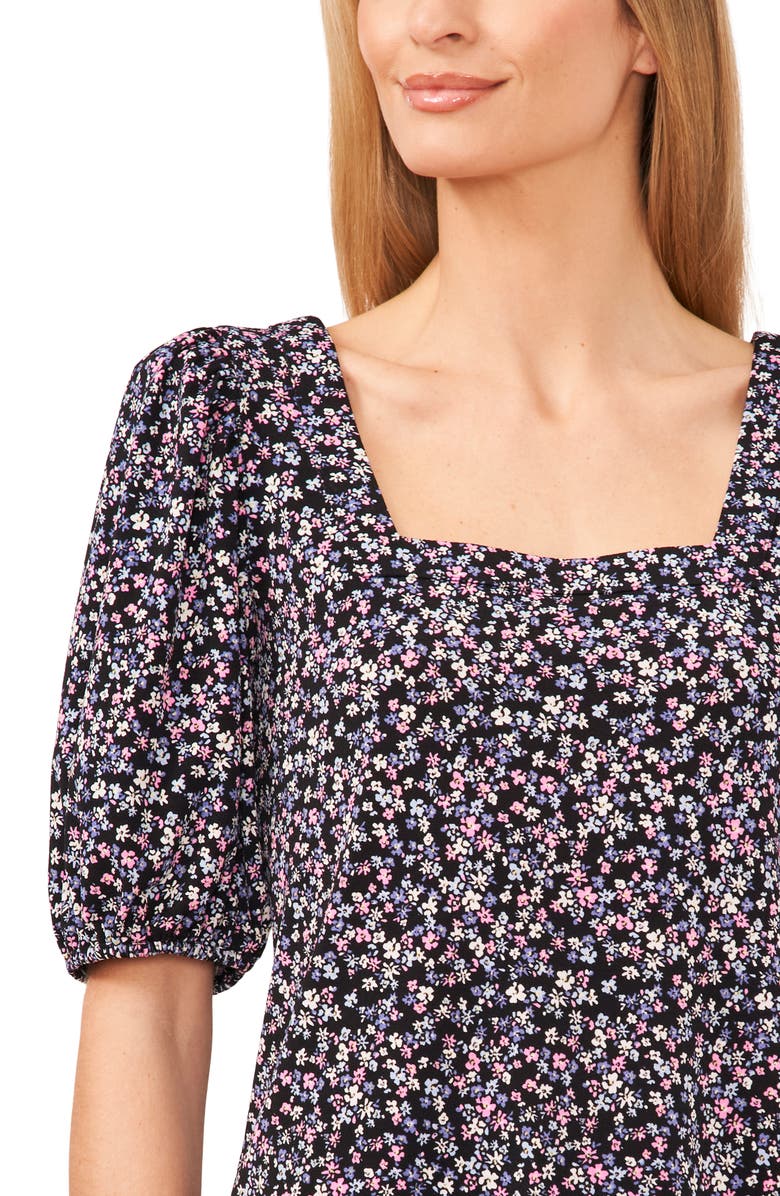 Square Neck Pleated Puff Sleeve Floral Chiffon Top main image 0