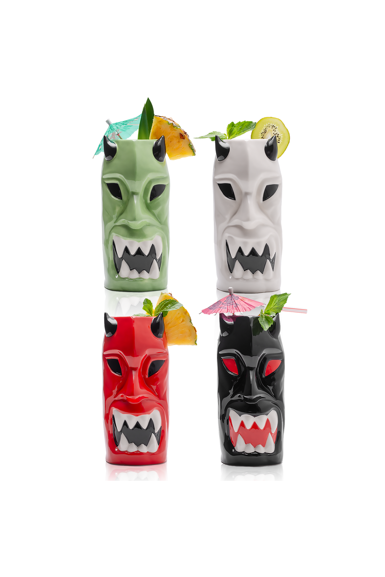 Ceramic Horned Hawaiian Tiki Mugs - Set of 4, Alternate, color, Multicolor