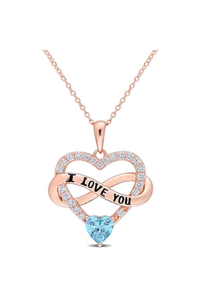 Color Zirconia Infinity Heart Necklace Rose-Plated, Main, color, Turquoise Blue CZ