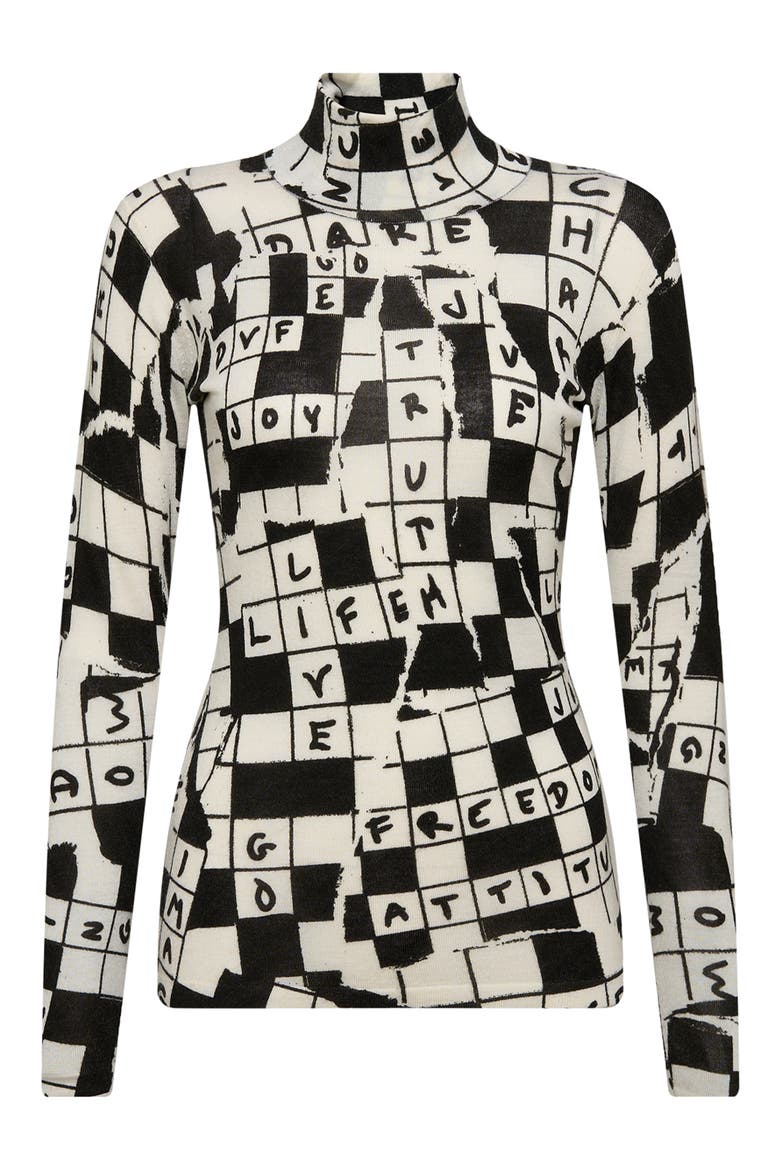 Brandy Crossword Print Merino Wool Turtleneck Sweater, Alternate, color, DVF 50TH CROSS WORD IVORY MED