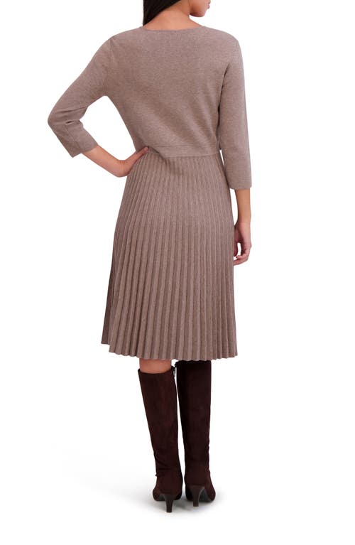 London Times Long Sleeve Pleated Flare Skirt Dress In Brown