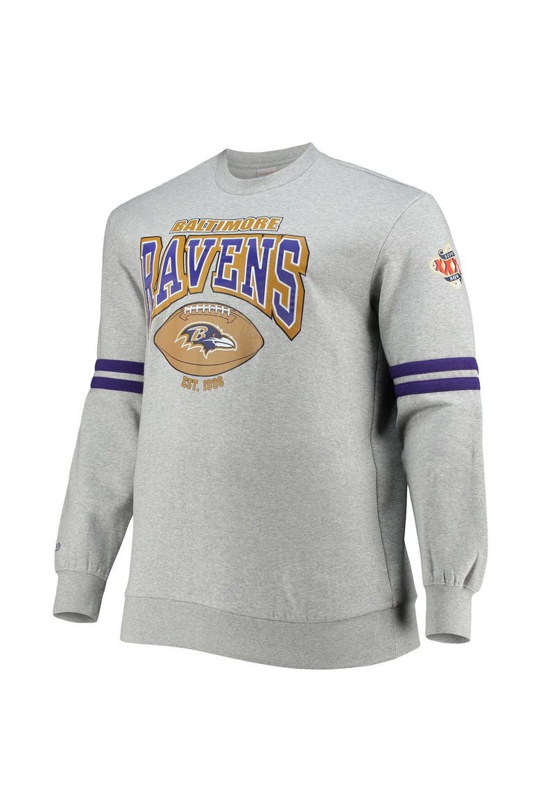 Men's Mitchell & Ness Heathered Gray Baltimore Ravens Big & Tall Allover Print Pullover Sweatshirt, Alternate, color, Heather Gray