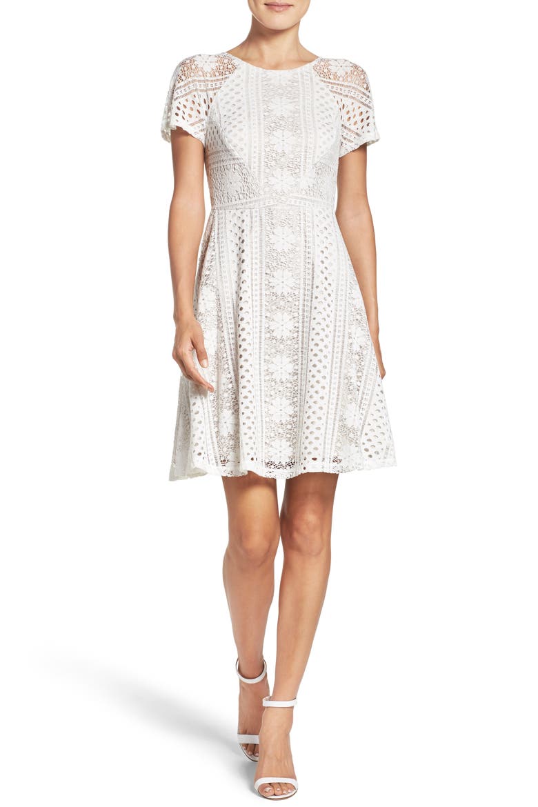 Stripe Lace Fit & Flare Dress, Alternate, color, IVORY/ CHAMOIS