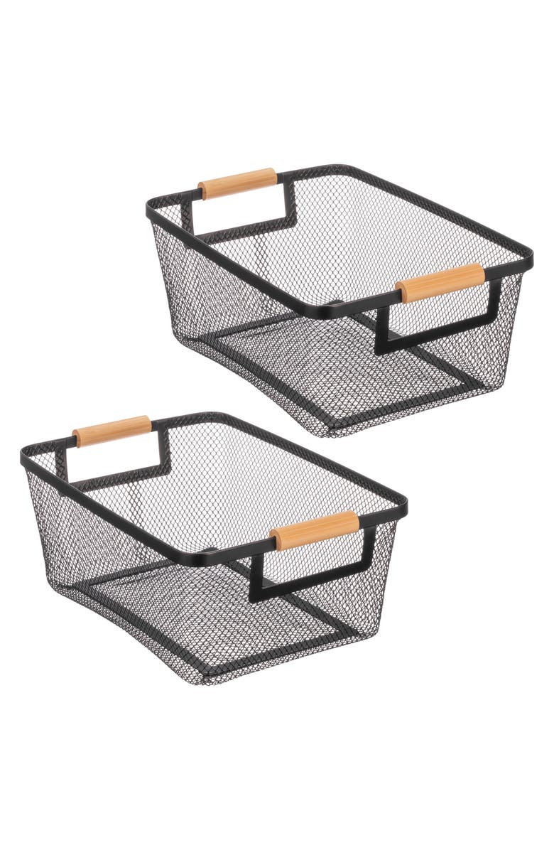 mDesign Metal Wire Pantry Basket with Wood Handles - Set of 2 - Black/Natural, Main, color,