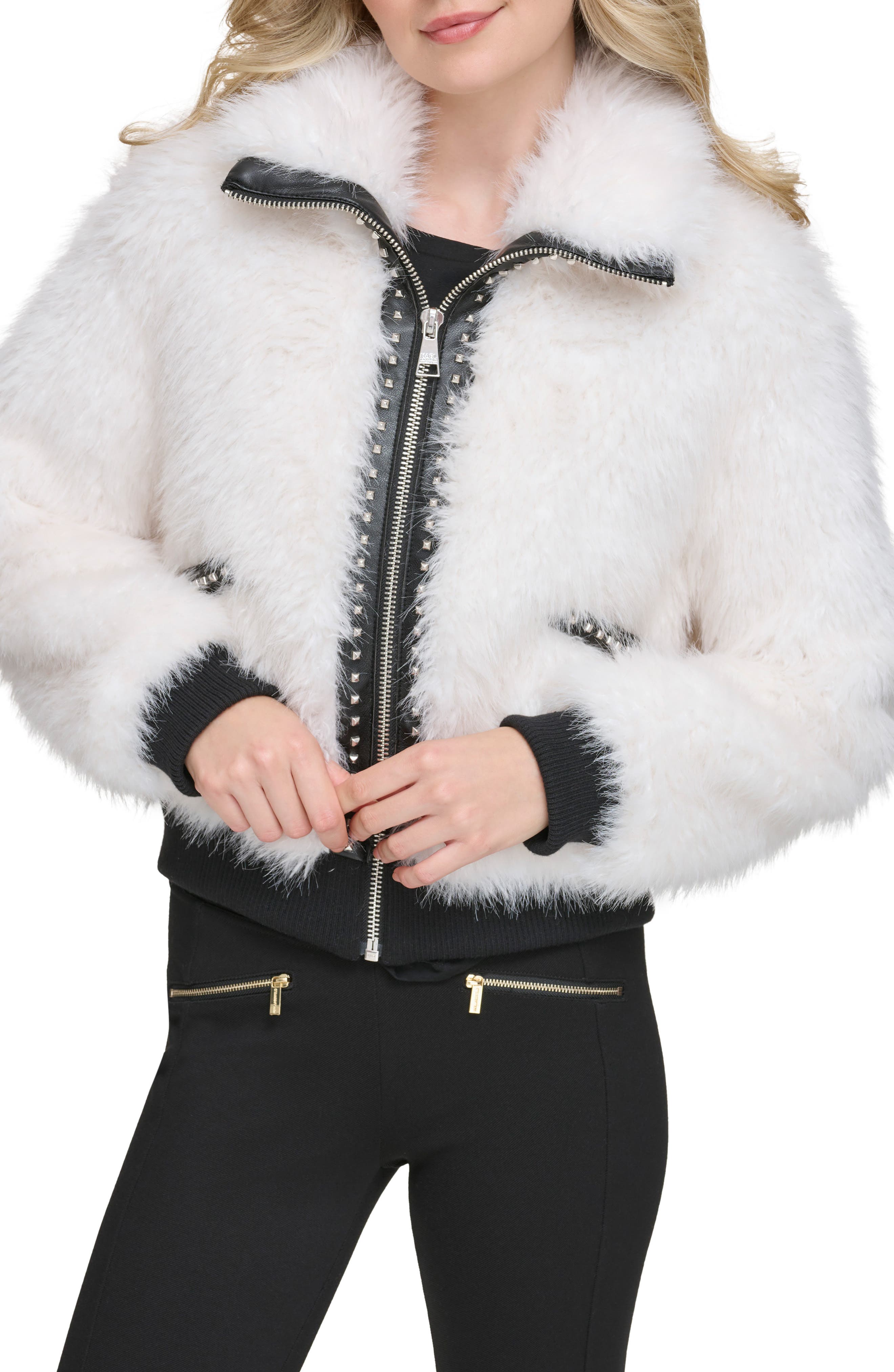 KARL LAGERFELD PARIS Shaggy Studded Faux Fur Bomber Jacket