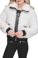 KARL LAGERFELD PARIS Shaggy Studded Faux Fur Bomber Jacket