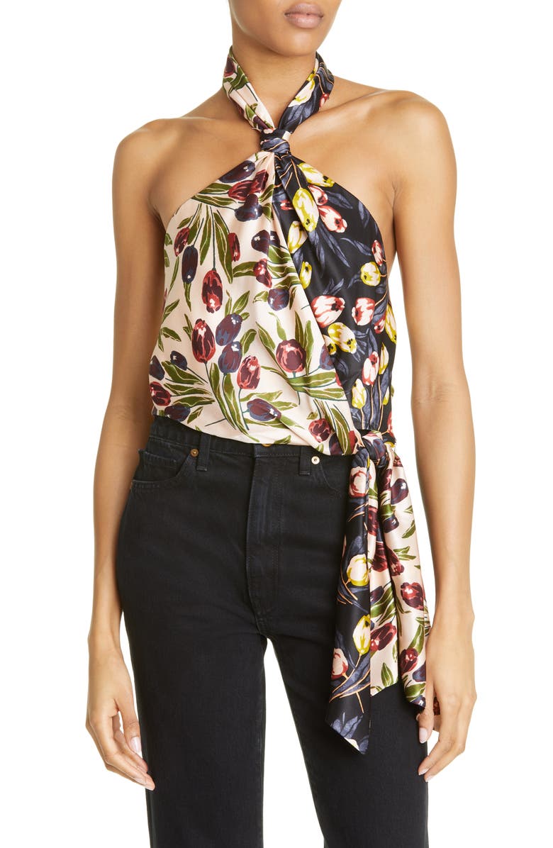 Cinq à Sept Clarke Blocked Floral Silk Halter Top, Main, color,