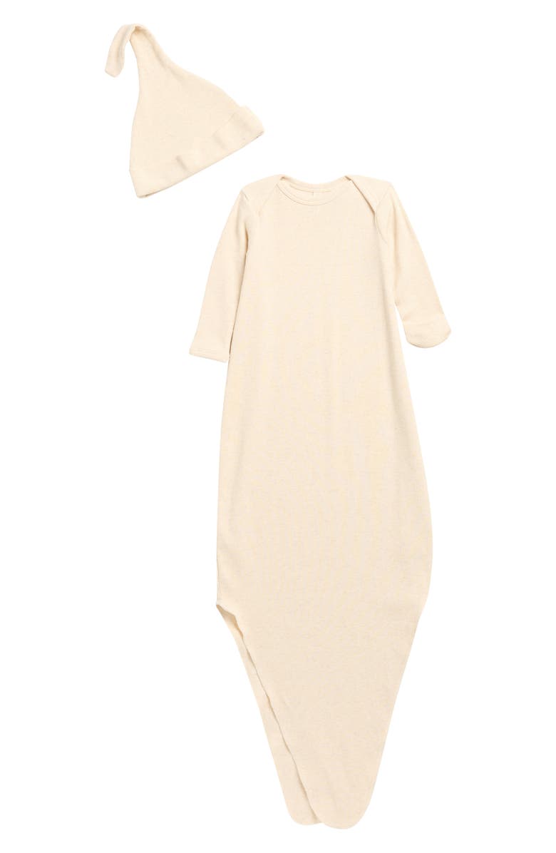 QUINCY MAE Rib Knotted Organic Cotton Blend Gown & Hat Set, Main, color, Oatmeal
