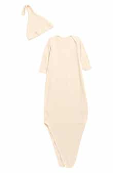 Rib Knotted Organic Cotton Blend Gown & Hat Set