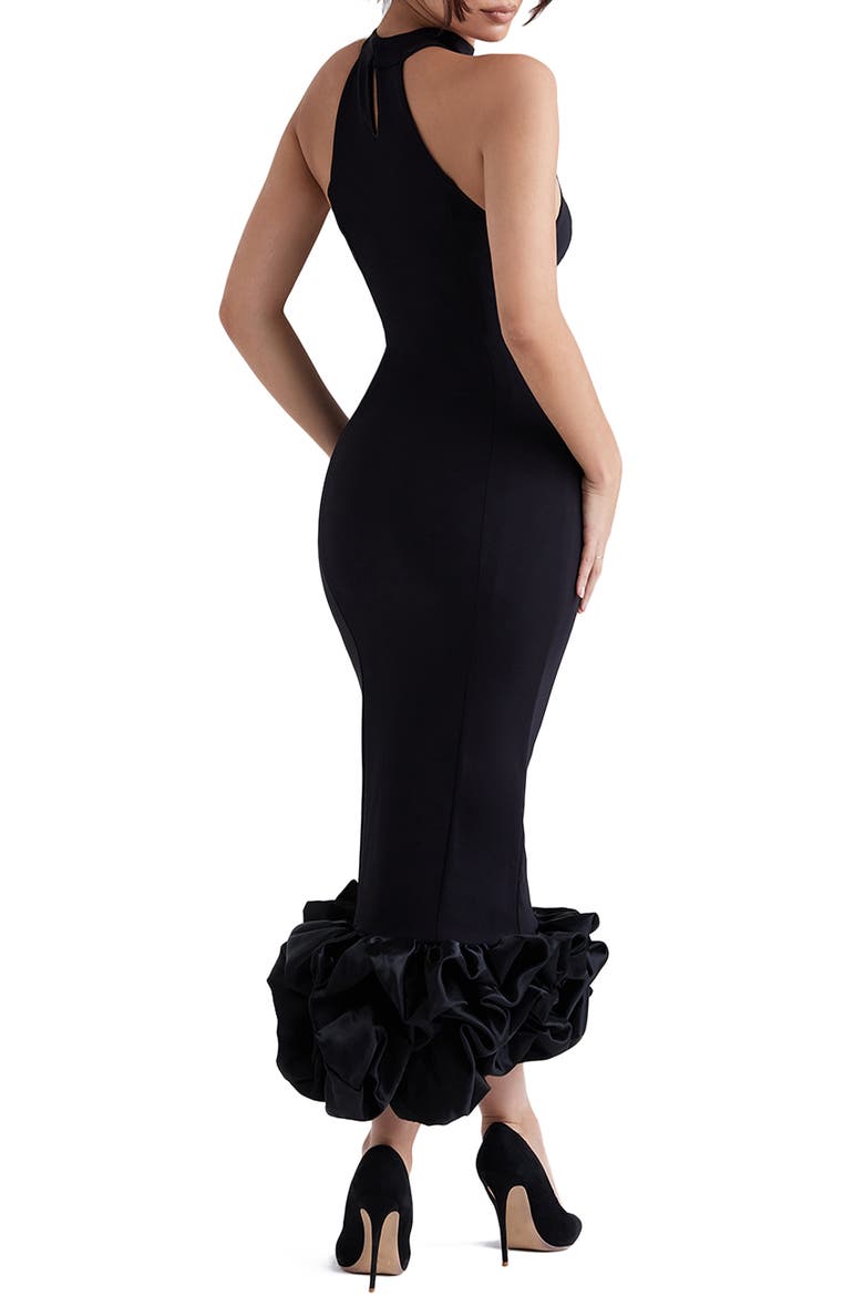 Juniper Halter Neck Ruffle Hem Crepe Cocktail Dress, Alternate, color, BLACK