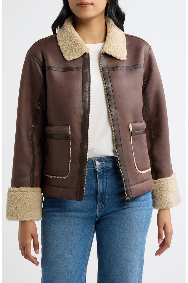 Faux Shearling Jacket, Main, color, DARK BROWN