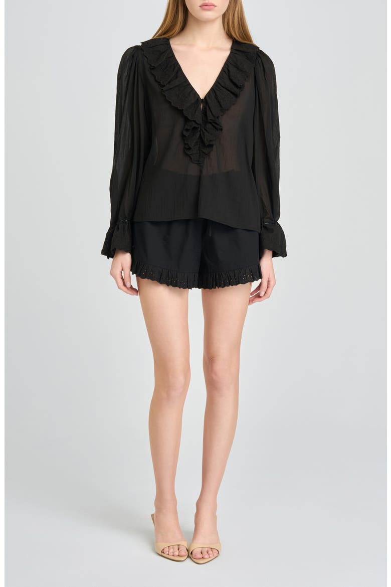 Helena Eyelet Ruffle Stretch Cotton Shorts, Alternate, color, BLACK