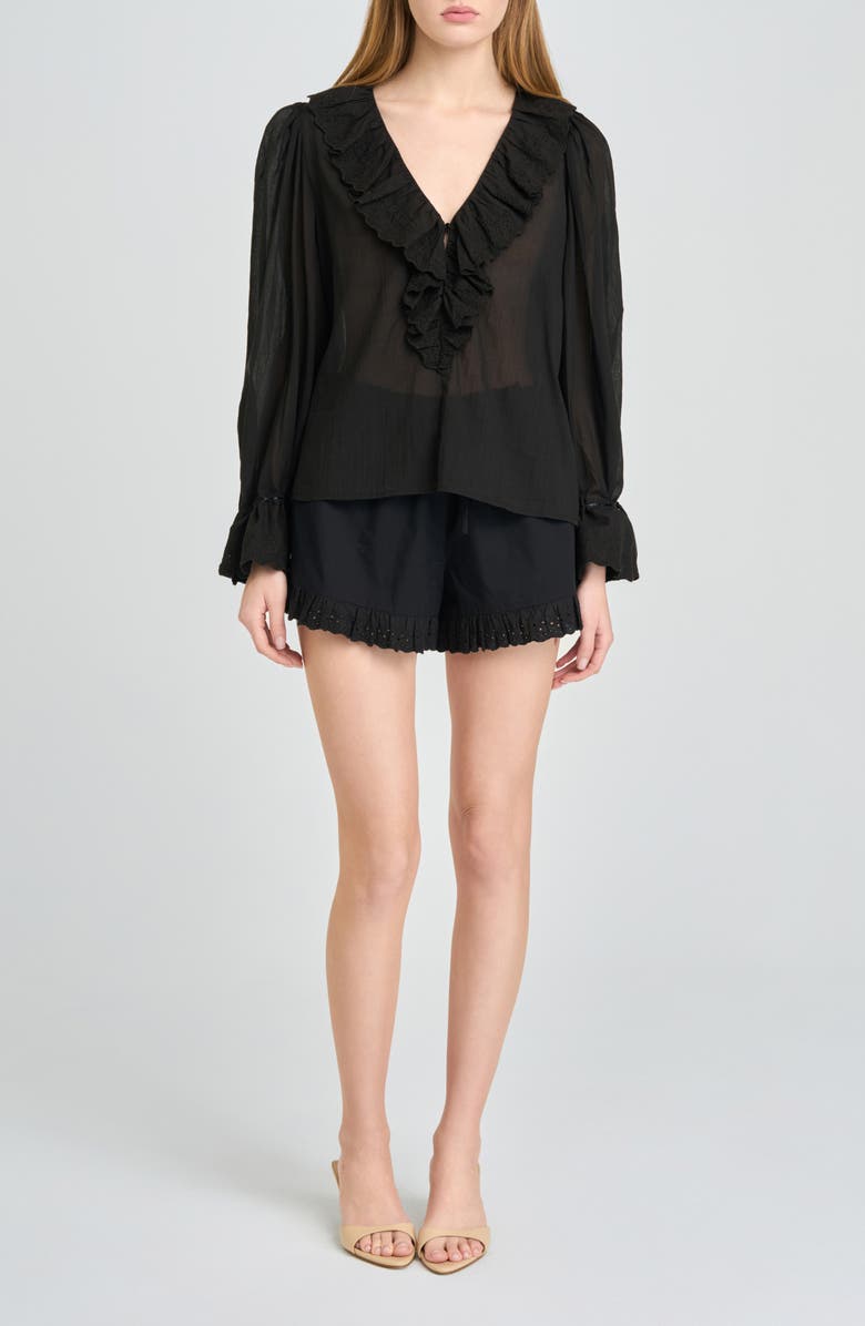 WAYF Helena Eyelet Ruffle Stretch Cotton Shorts, Alternate, color, Black