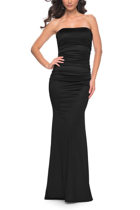 Strapless Stretch Satin Dress with Ruching