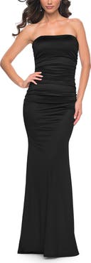 La Femme Strapless Stretch Satin Dress with Ruching