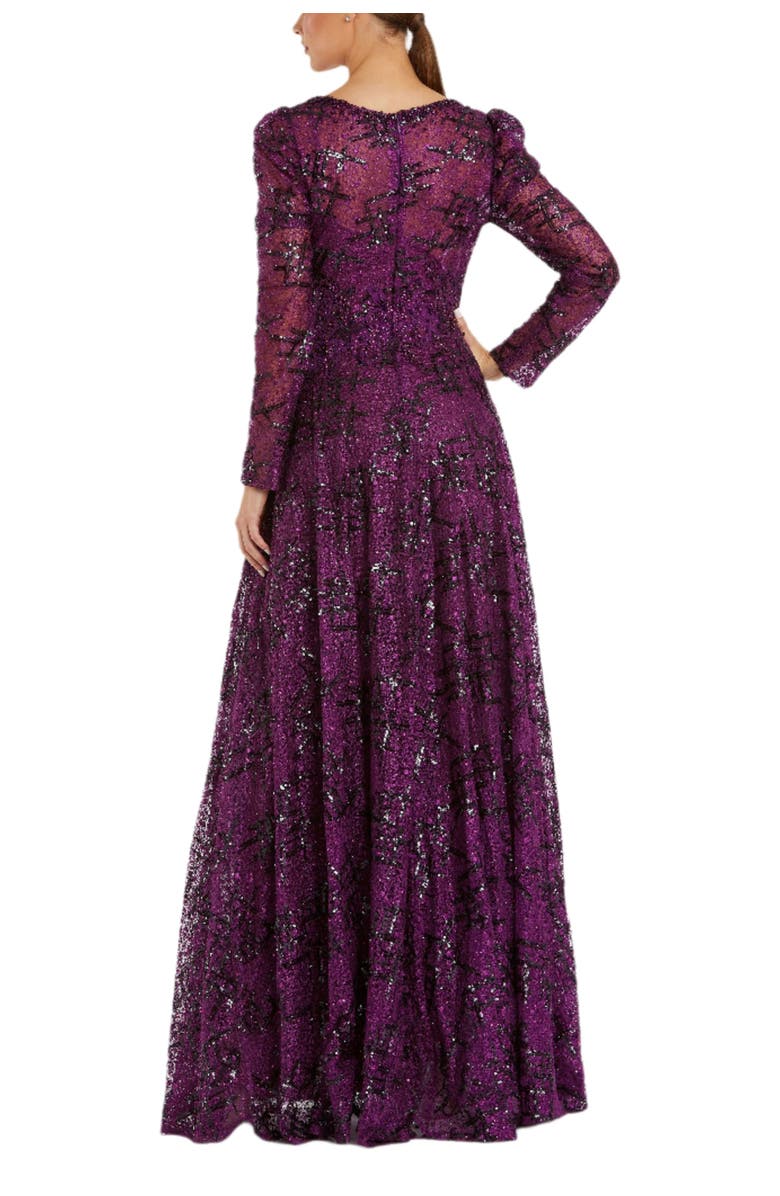 Mac Duggal Embellished V Neck Long Sleeve A Line Gown, Alternate, color, Plum