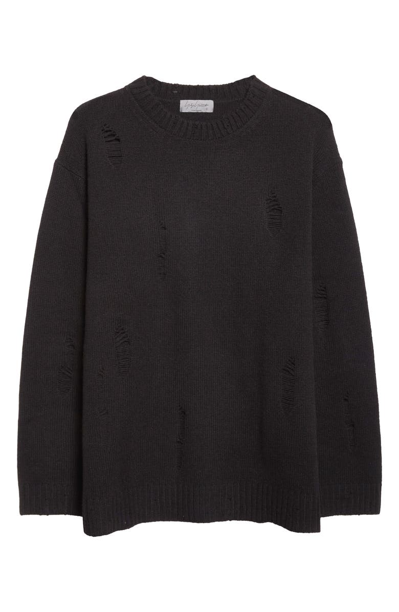 Yohji Yamamoto Distressed Wool Crewneck Sweater, Alternate, color, Black