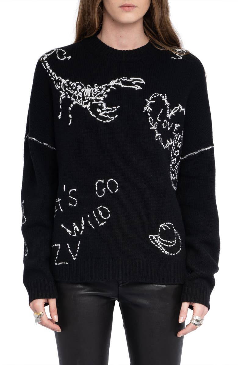 Zadig & Voltaire Baba Embroidered Detail Merino Wool Sweater, Main, color, Black