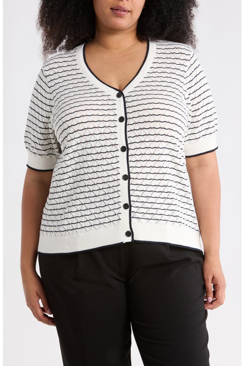 Stripe Short Sleeve Cotton Cardigan, Main, color, IVORY/ NAVY