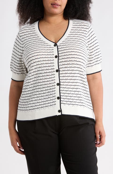 Stripe Short Sleeve Cotton Cardigan (Plus)
