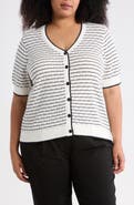 Adrianna Papell Stripe Short Sleeve Cotton Cardigan
