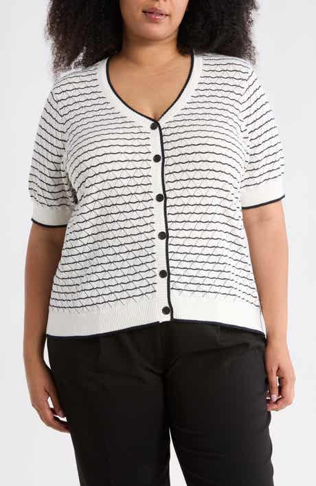 Adrianna Papell Stripe Short Sleeve Cotton Cardigan