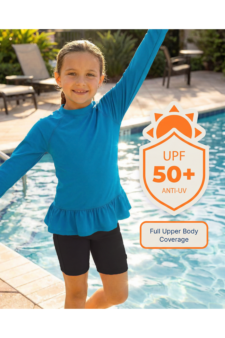 Girls Swim Peplum UPF 50+ Long Sleeve Rashguard Tee, Alternate, color, Teal