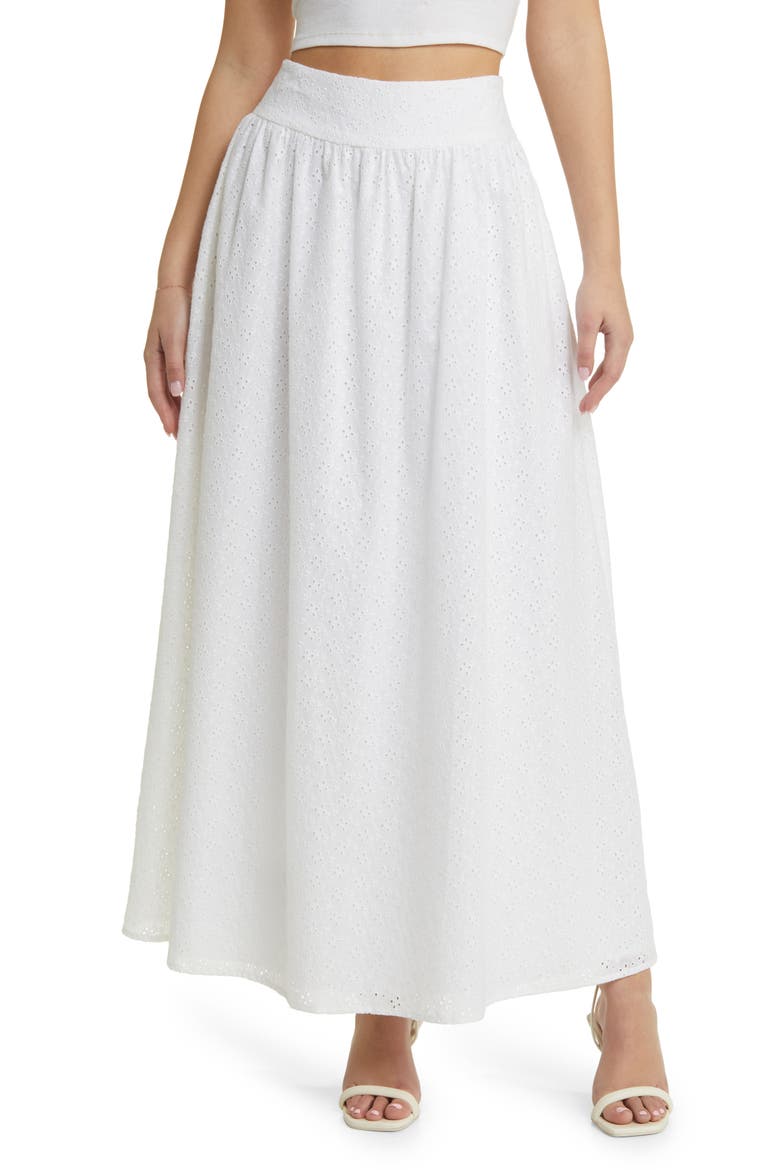 Catalina Embroidered Eyelet Cotton Maxi Skirt, Main, color, IVORY