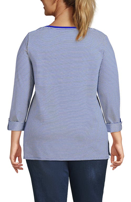 Lands' End Plus Size Supima Cotton Adjustable 3/4 Sleeve Boatneck Tunic In Cobalt/ivory Micro Stripe